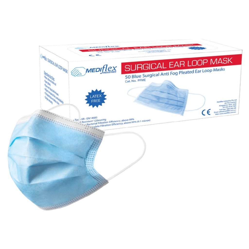 Mediflex Level 2 Surgical Face Mask Ear Loop Anti-Fog Pleated & Splash Resistant
